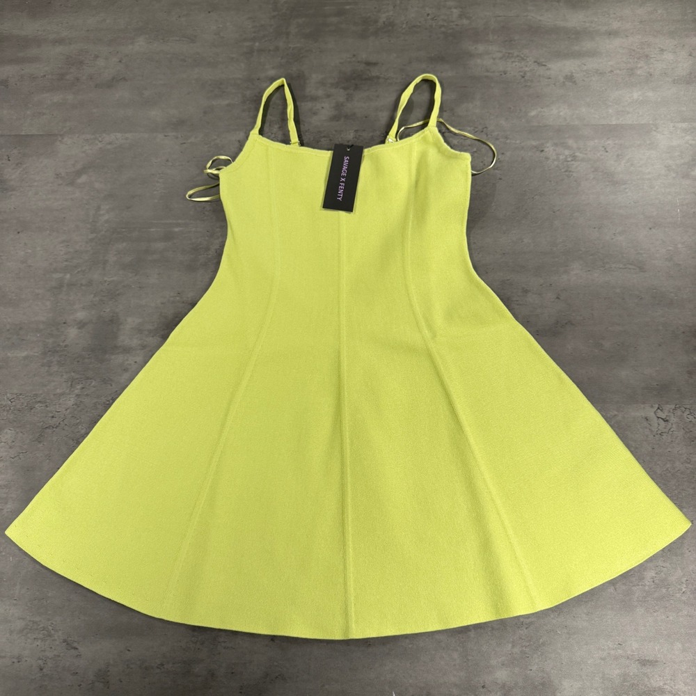 Savage X Fenty Mini Dress M Fit & Flirty Flare Lime Green Ribbed Knit NEW $90